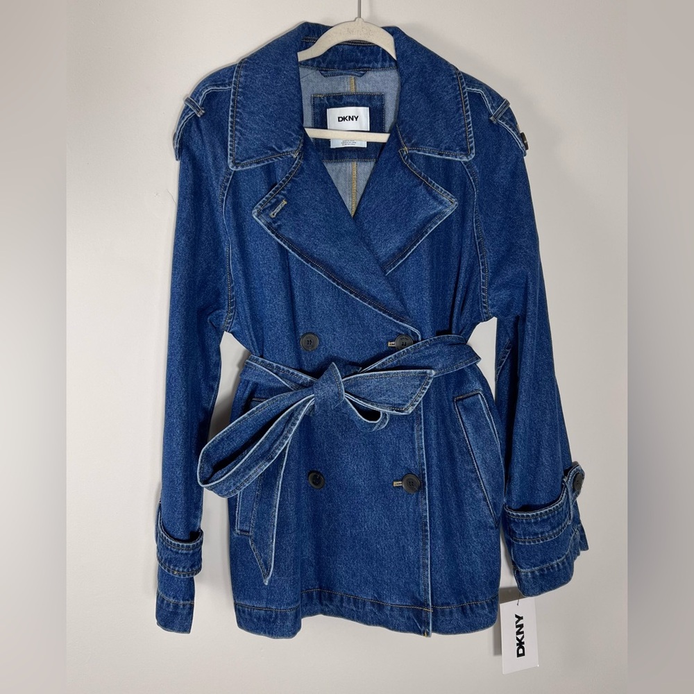 DKNY Denim Trench Jacket NWT | Belted Jean Coat - Picture 2 of 3